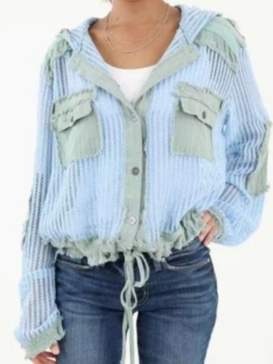 POL Tops - POL Blue Open Knit Distressed Hooded Jacket Top Medium